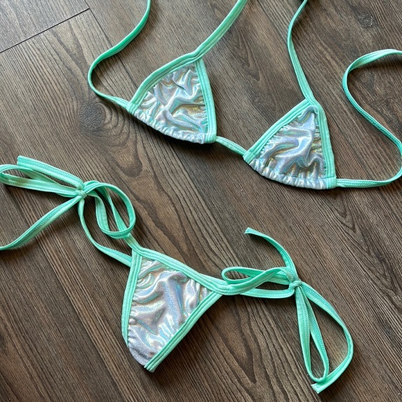 Aquamarine Green metallic bikini stripper set new outfit clubwear club dancewear - Picture 1 of 4